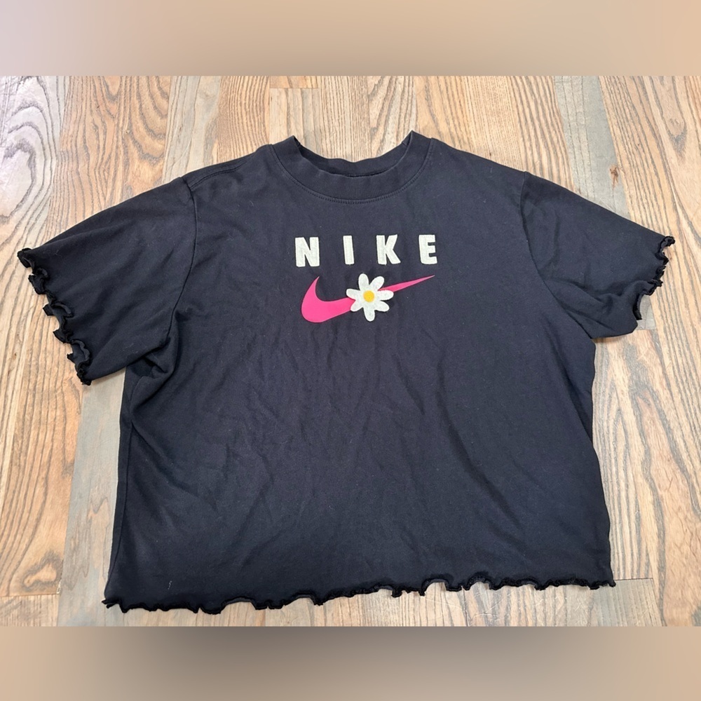 Nike Black Tee with Pink Swoosh and Daisy